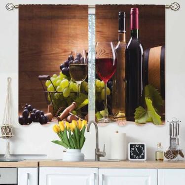Imagem de Gpiaoyfo Cortinas de cozinha vinho tinto frutas uvas vintage madeira mesa cortinas de camada curta para banheiro café pequenas cortinas de janela tratamento 2 painéis (27,5 x 39 polegadas)