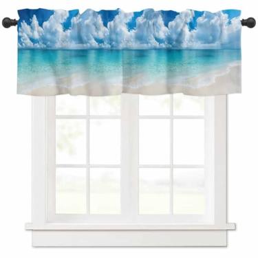 Imagem de Sanefas de praia do oceano tropical para janelas, cortinas curtas de cozinha para quarto, banheiro, sala de estar, natureza, céu azul, ondas do mar, tratamento de janela pequena, 1 painel, 137 x 45 cm