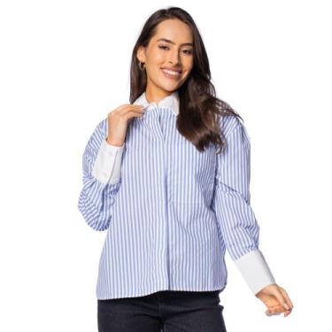 Imagem de Camisa Social Feminina The Style Box Listrada Azul/Branco, Azul, Branc