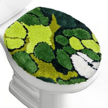 Imagem de FYSUIMU Capa de assento de vaso sanitário verde musgo macio absorvente de pelúcia tufado capa de suporte de borracha lavável ajustável para decoração de casa de banho de hotel de luxo