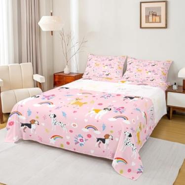 Imagem de Erosebridal Jogo de lençol solteiro com desenho kawaii com estampa floral de coração rosa e animais de estimação kawaii plantas, jardim romântico, flores botânicas, 3 peças