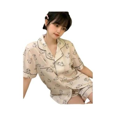 Imagem de Conjunto De Pijama Feminino Rosa Com Estampa Fofa, Manga Curta, Botões