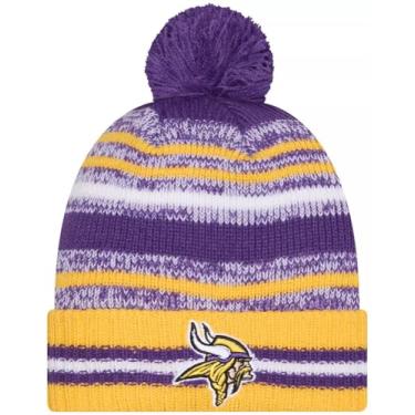 Imagem de New Era Minnesota Vikings Sideline Sport Amarelo Listrado Punho Gorro de Malha Pom - NFL Cheer Cuff Knit Cap