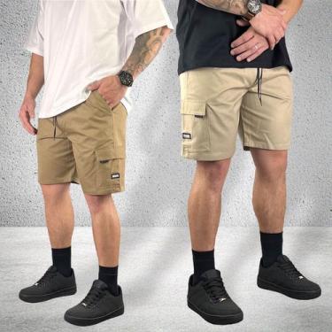 Imagem de Kit 2 Bermudas Sarja Cargo Curta Streetwear Casual Slim Bolsos Laterai