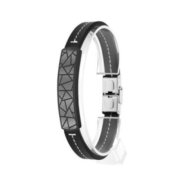 Imagem de Qing Birdee Pulseira minimalista de aço de titânio, couro preto com textura de dois tons, design rachado, 22 cm, One Size, Aço inoxidável, Sem Pedra Preciosa