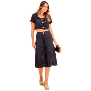 Imagem de Conjunto top cropped e saia com fendas botões em linho premium elegant