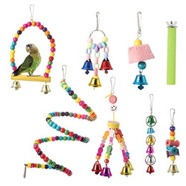 Imagem de Cuofyunl 8 peças de sinos de balanço para pendurar pássaros, corda de contas de madeira, escada giratória, haste fosca, papagaio, brinquedo de mastigar, acessório de gaiola
