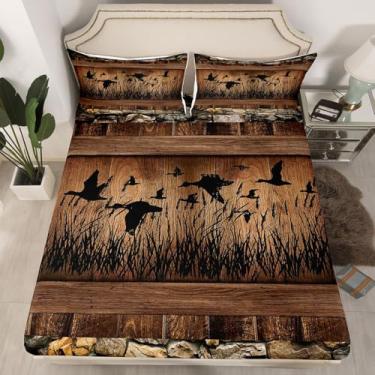 Imagem de Erosebridal Jogo de lençol Queen rústico de caça de pato selvagem, cabana de fazenda, para crianças e adultos, lençol com elástico, 3 peças, marrom