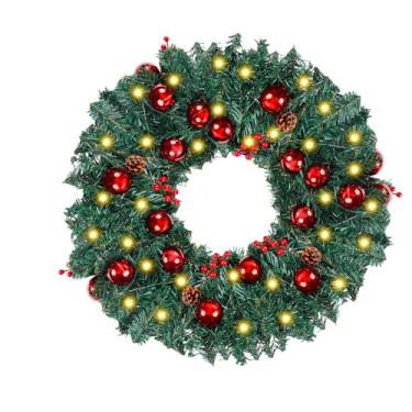 Imagem de Guirlanda de Natal verde de 1,8 m com luzes, guirlanda de Natal artificial decorada com pinhas, enfeites de bola vermelha para decoração interna e externa