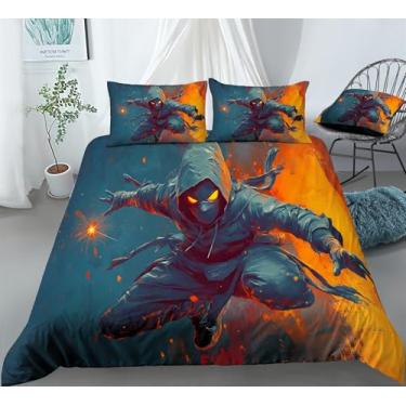 Imagem de REALIN Jogo de cama com estampa de ninja japonês, conjunto de capa de edredom ninja de artes marciais japonesas, conjuntos de cama 3/4 peças, capas de colcha/lençóis/fronhas, solteiro/casal/rainha