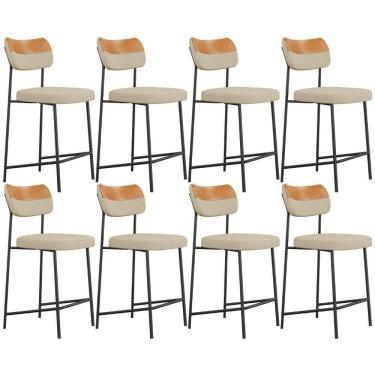 Imagem de Kit 08 Banquetas Baixa Bar Cozinha Sala Jantar Whisky Melina L02 Couríssimo Whisky Linho Bege - Lyam Decor