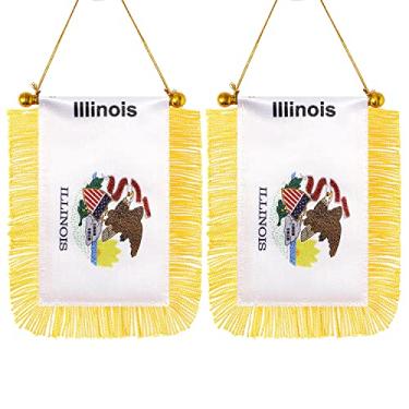 Imagem de CANTENDO Pacote com 2 bandeiras americanas de Illinois para pendurar na janela, mini bandeira de carro do estado de Illinois dos EUA com haste borla ventosa decoração de espelho retrovisor (3 x 5