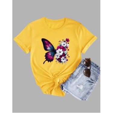 Imagem de Camiseta Tshirt Feminina Borboleta E Flores Color Em Algodão - MB Spor