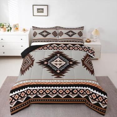 Imagem de Feelyou Conjunto de edredom Queen asteca ocidental, cinza, marrom, sudoeste, nativo americano, indígena, rústico, boêmio, fazenda, microfibra, 3 peças com 2 fronhas