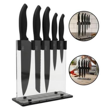 Imagem de Conjunto 5 Facas Ergonômicas Com Suporte Organizador Cozinha - Kadê