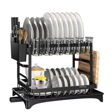 Imagem de KLEMING| Escorredores de Louça com Design em 2 Níveis, Preto em Aço Carbono Inoxidável, Escorredor de Pratos,com Bandeja Drenagem automática, Moderno, Antiderrapante.