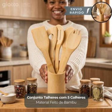 Imagem de Conjunto Talheres Bambu Giotto Kit Utensílios Cozinha Sustentável