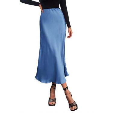 Imagem de Saia Midi PRETTYGARDEN 2025 Cetim Azul Modelo A-Line