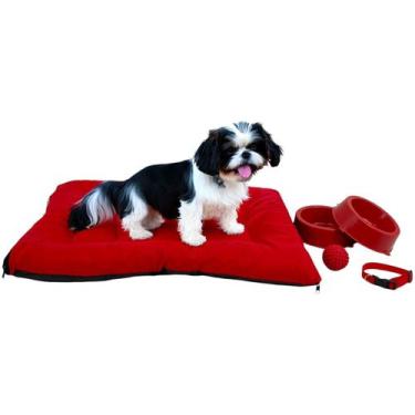 Imagem de Kit Colchonete Pet Pequeno com Comedouro Coleira Bolinha Fofos - Supri