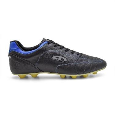 Imagem de Chuteira EGM Masculina em Couro Flex Big Trava Fixa Preta e Azul, 47, 