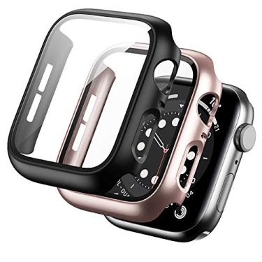Imagem de BHARVEST Pacote com 2 capas rígidas para PC compatível com Apple Watch SE 2022/Series 6/5/4/SE 40 mm, capa com protetor de tela de vidro temperado em geral capa sem bolhas para acessórios iWatch, preto + ouro rosa