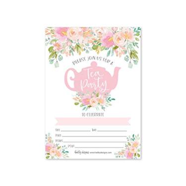 Imagem de 25 convites de festa de chá floral, xícara de chá de jardim para meninas ou convidados de chá de bebê, ideias de eventos femininos com tema de chá alto, suprimentos de aniversário para crianças vintage, impresso ou preencha o cartão em branco