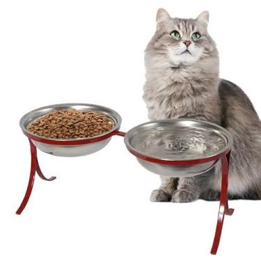 Imagem de Comedouro Alto Pet Inox para Gatos Duplo Ração Agua Vermelho