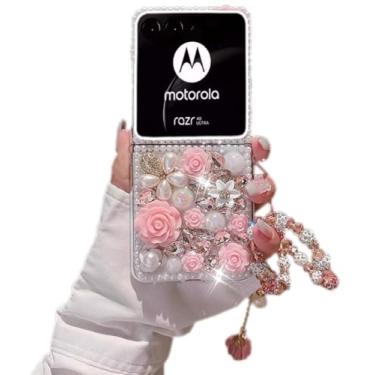 Imagem de Compatível com Moto Razr 50 Ultra, Capa Moto Razr Plus 2024, Capa de luxo com flores de strass de cristal glitter diamante pérola com alça de flores para Moto Razr Plus para mulheres