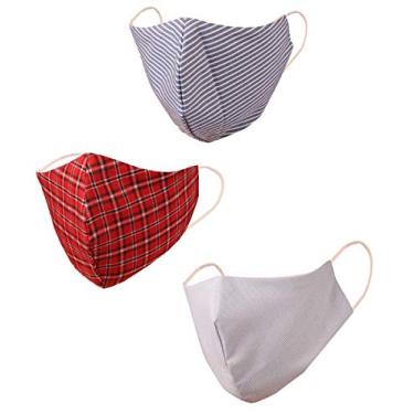 Imagem de Máscaras de rosto de algodão listrado reutilizáveis laváveis feitas à mão em tecido de camada dupla design confortável e confortável com laços de ouvido elásticos para mulheres, homens. (Pacote com 3). Vermelho e azul.