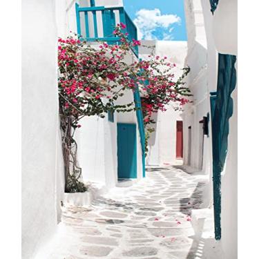 Imagem de CORFOTO 2,4 x 3 m Fundo de rua da Grécia Fundo de rua estreito Mia Decorações de festa de aniversário Mia Pano de fundo temático Grécia Decorações de festa gregas Suprimentos de festa caminho de pedra decoração banner de casamento