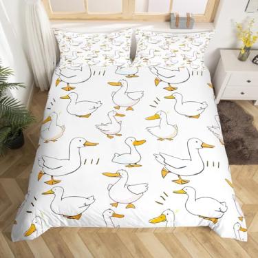 Imagem de Homewish Jogo de cama solteiro com desenho de pato, adorável ganso engraçado, desenho branco, conjunto de capa de edredom para crianças, meninas, animais de fazenda, animais de fazenda, conjunto de