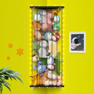 Imagem de GGUO Rede de armazenamento de animais de pelúcia de canto - Suporte para animais de pelúcia com luzes - Organizador de brinquedos de pelúcia com comprimento ajustável para quarto de crianças, sala de