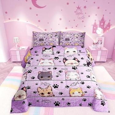 Imagem de Manfei Conjunto de edredom de desenho animado de gato, gatinho e animal de estimação, roxo, coleção de cama macia, animais fofos, para decoração de quarto de meninos e meninas, 2 peças