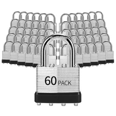 Imagem de HZSY Cadeados com chave igual, pacote com 60, fechadura com chave de aço laminado (1-9/16 polegadas, 40 mm), cadeados com a mesma chave, manilha normal, para caixa de ferramentas, armário e unidade de