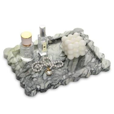 Imagem de Bandeja decorativa de mármore recortado, bandeja luxuosa de pedra natural para banheiro, cômoda, perfume, café, casa, cozinha, vaso sanitário, bandeja para chaveiro (esmeralda verde, 27 x 20)