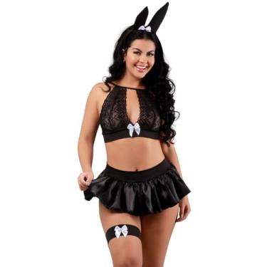 Imagem de Conjunto Sensual Fantasia Sexy Feminina Coelhinha Sensual Sex Shop 3 Peças, Sutiã de Renda, Saia Godê e Tiara, Preto com Laços Brancos