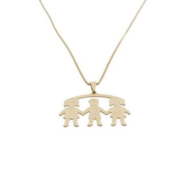 Imagem de Colar Pingente Trio Duas Meninas e um Menino Liso Banhado Ouro 18k - S