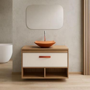 Imagem de Conjunto Gabinete de Banheiro 70cm Mdf Espelheira Cuba Vidro - Rainha 