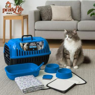 Imagem de Kit Caixa Transporte Pet + Caixa de Areia para Gato + Tapete para Come