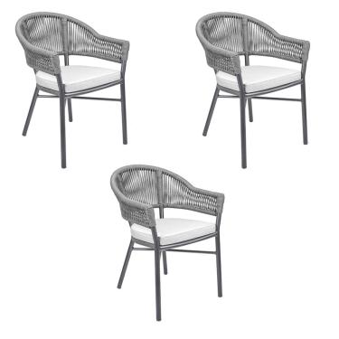 Imagem de Kit 3 Cadeiras Área Externa de Alumínio Bear com Corda Naútica Grafite G56 - Gran Belo