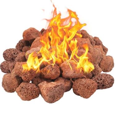 Imagem de Pedras vulcânicas vermelhas de 4,5 kg para fogueiras, lareiras, perfeitas para conjuntos de troncos a gás, churrasqueiras a gás, adequadas para aplicações internas e externas (7 a 12,7 cm)