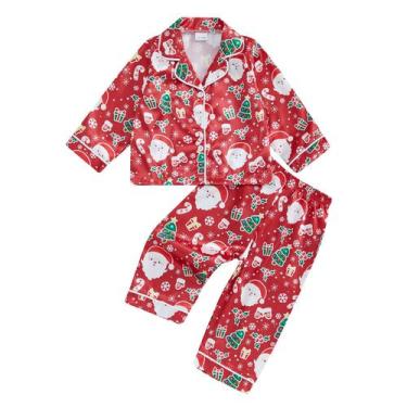 Imagem de Conjunto de pijamas com cetim de seda de Natal para bebês e meninas - 