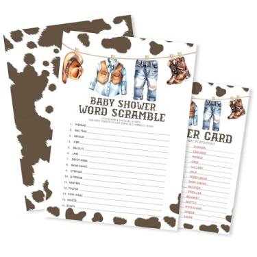 Imagem de Kit de jogos de chá de bebê – Word Scramble – Pacote com 50 cartas de jogo com tema caubói com 1 carta de resposta para meninos – Anúncio de gênero, material de festa e decoração – F12