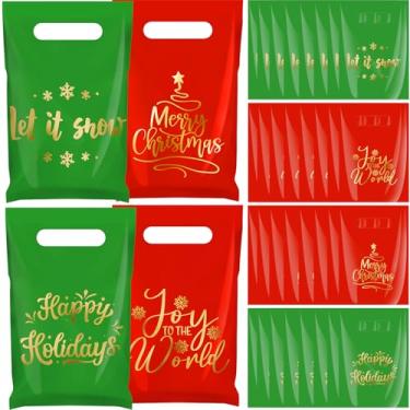 Imagem de AmazingSpark 48 peças de sacos de presente de Natal de plástico, petiscos, doces, biscoitos, lanches, sacolas de ouro vermelho e verde, sacos de feliz Natal a granel com alças, suprimentos de