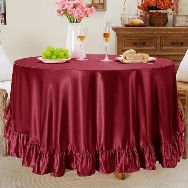 Imagem de Entisn Toalha de mesa redonda com babados de 300 cm, a capa de mesa de cetim bordô inclui acabamento de 12 cm para mesa de 152 a 232 cm, lavável e resistente a amassados, decoração sedosa para