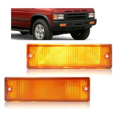 Imagem de HECASA Par de luzes de seta de para-choque compatível com Nissan D21/Pathfinder/Pickup 1988-1997 para substituição NI2520108 NI2521108 Lâmpada de seta frontal e lente âmbar do lado do passageiro