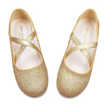 Imagem de ZGDG Sapatos femininos Mary Jane com glitter, sapatilhas, bailarinas, salto baixo, vestido de festa de casamento, sapatos escolares com tira elástica para crianças, Dourado, 16