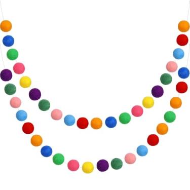 Imagem de Guirlanda de pompons de feltro para o Dia da Independência, 2 peças coloridas 4 de julho, guirlanda de pompons de feltro 2,8 metros 70 bolas patriótica para decoração de festa e casa (vermelho, branco e azul marinho)