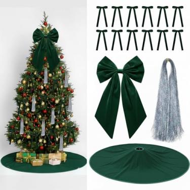 Imagem de Gejoy Conjunto de enfeites de Natal – 12 laços de veludo marrom, 1 saia de árvore de Natal, 1 arco grande de topo de árvore, 5000 fios de gelo de tinsel prata para árvores de Natal, grinaldas de