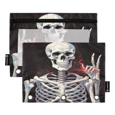 Imagem de Wassud Bolsa de lápis de caveira de Halloween para fichário de 3 anéis, bolsa transparente com zíper suave, estojo de lápis padrão, pacote com 2